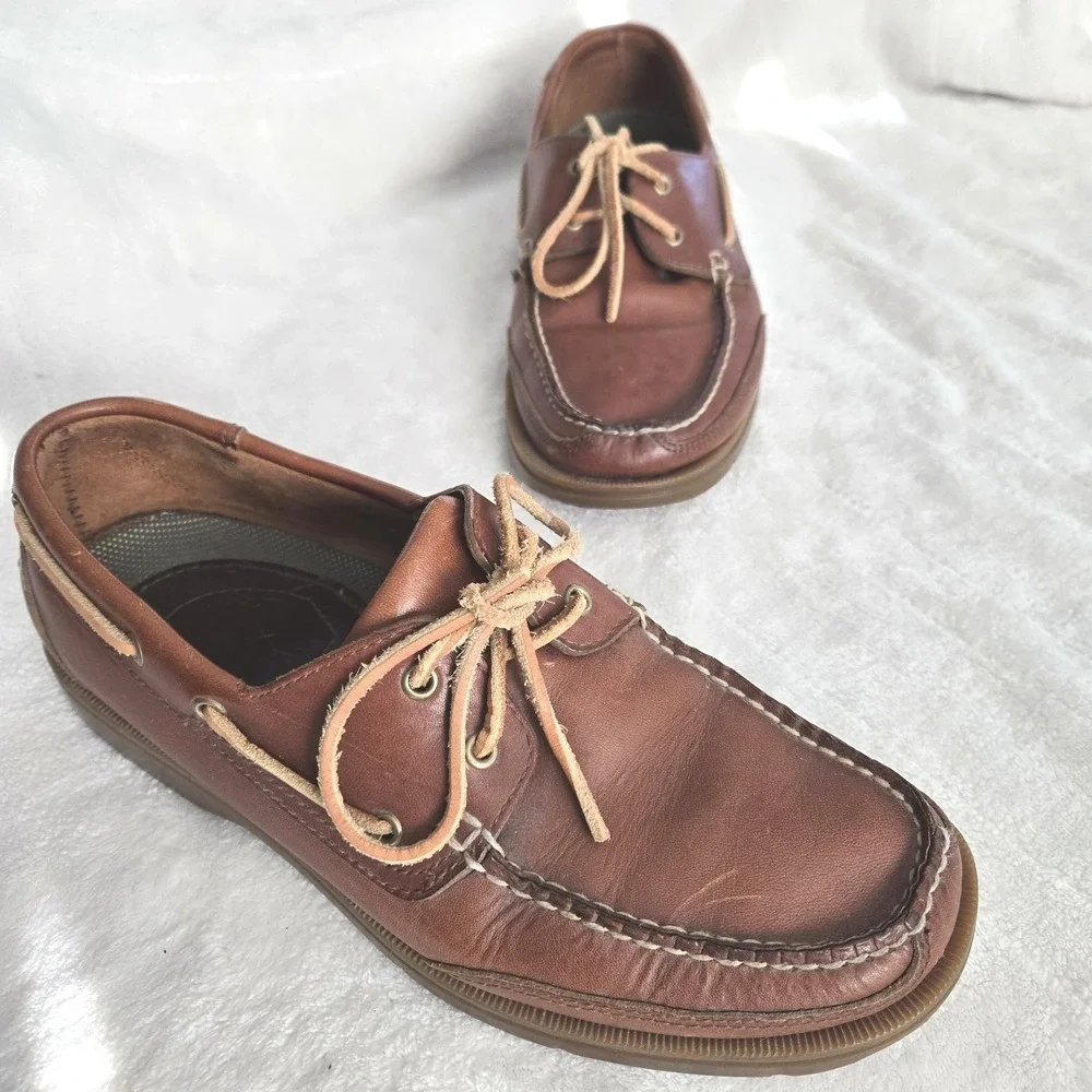 Frye-ROCKPORT Colab Mens Boat Shoes Size 9W‎ Leather Brown Rawhide Ties Nautical